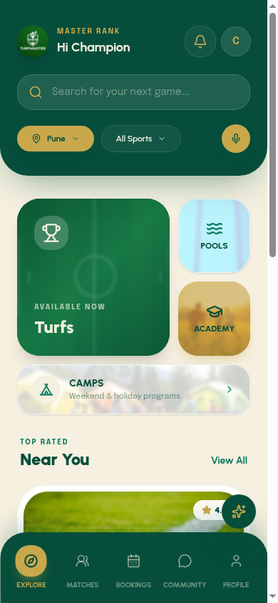 Turf Master mobile app home screen